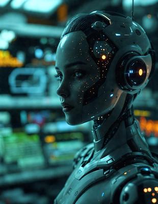 The primary subject of the image is a woman with a futuristic, robotic appearance. She is wearing a silver helmet and has a glowing, blue-green aura surrounding her. The setting is a futuristic environment, possibly a space station or a high-tech facility. The visual style is a combination of digital art and illustration, creating a unique and captivating image. The colors and mood of the image are predominantly blue-green, giving it a futuristic and otherworldly feel.